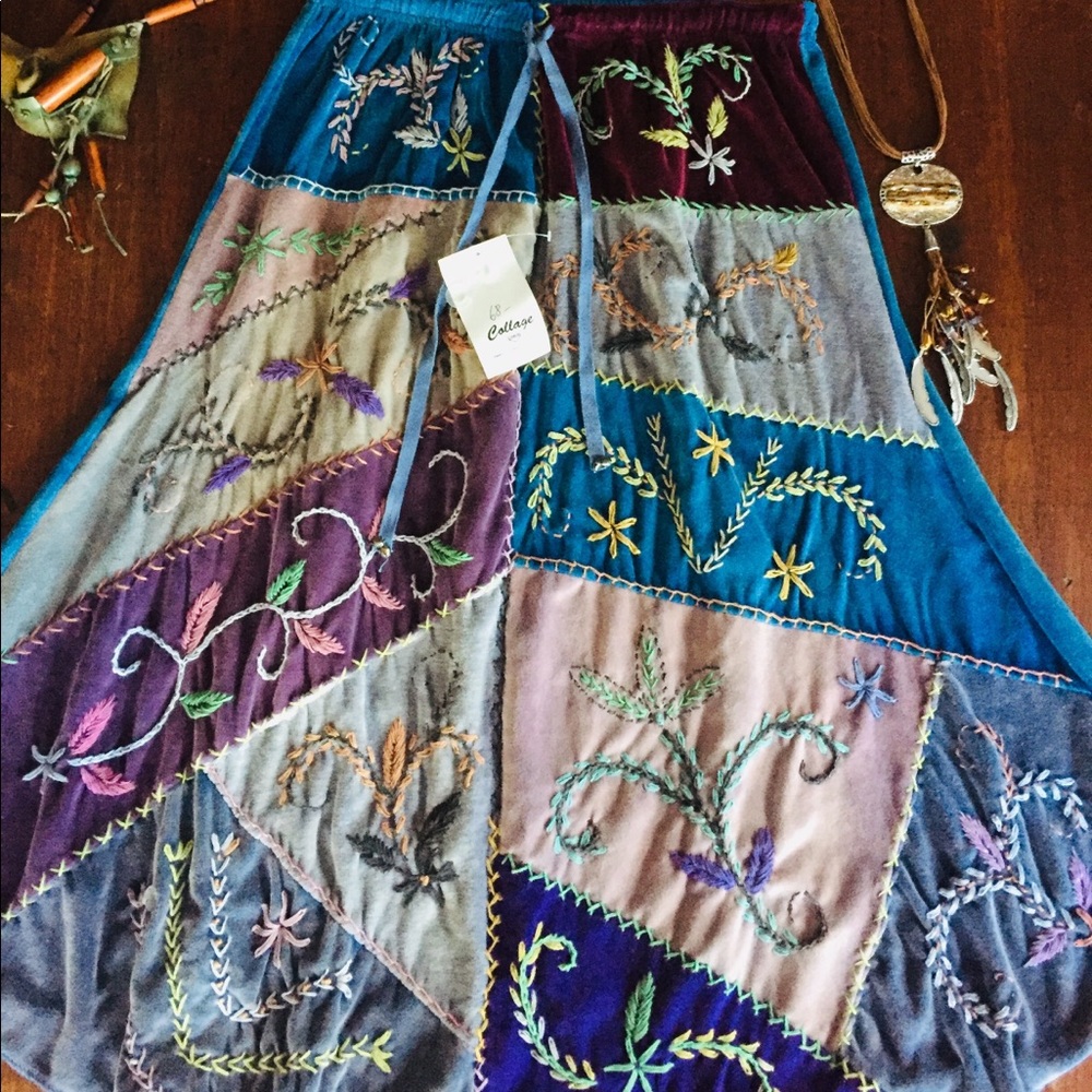 Rising International Embroidered Patchwork Velvet Skirt in Teal, Purple, Blue